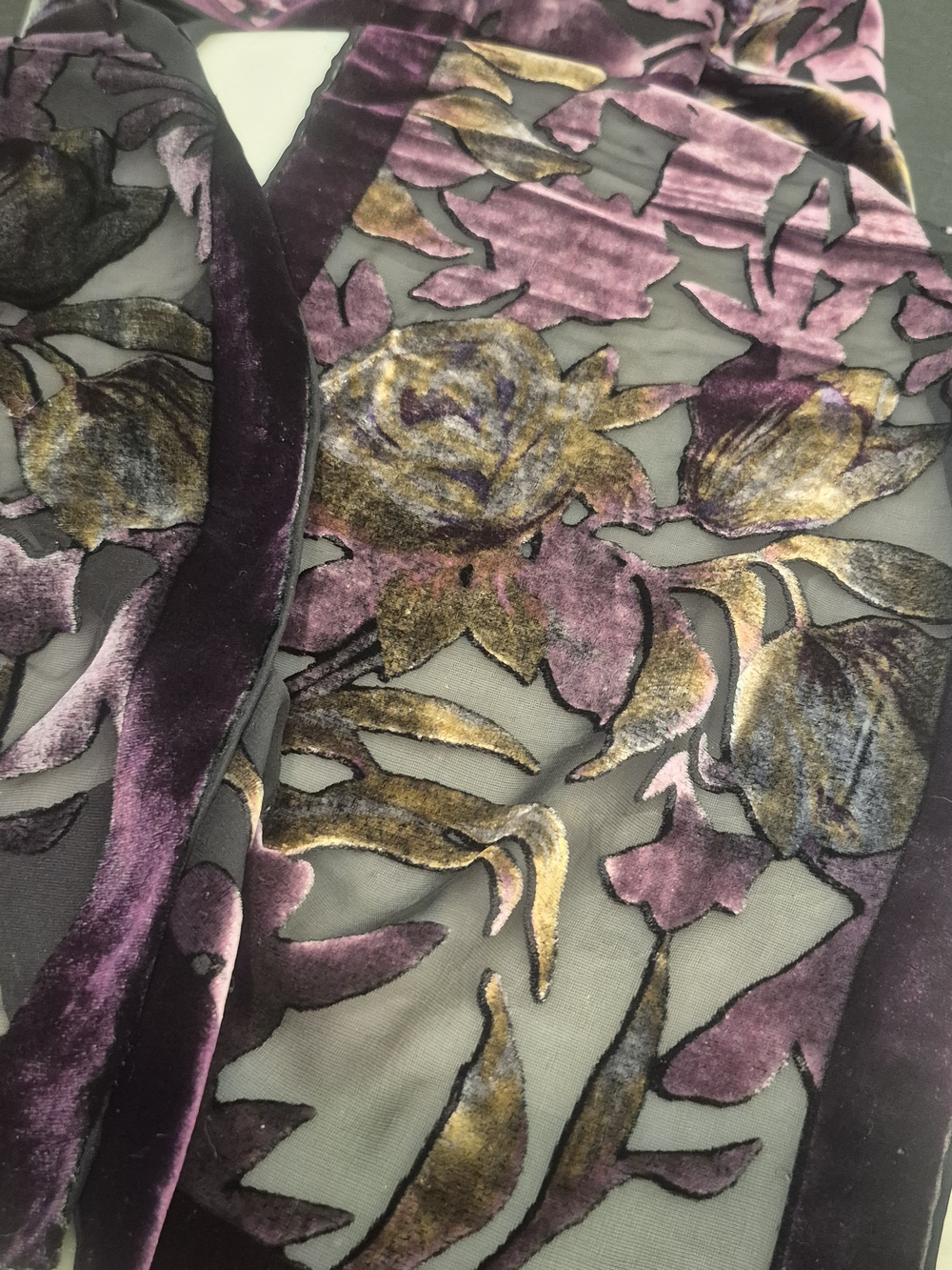 Italian Burnout Handrolled Purple Floral Velvet Scarf 9x54 - Picture 13 of 16